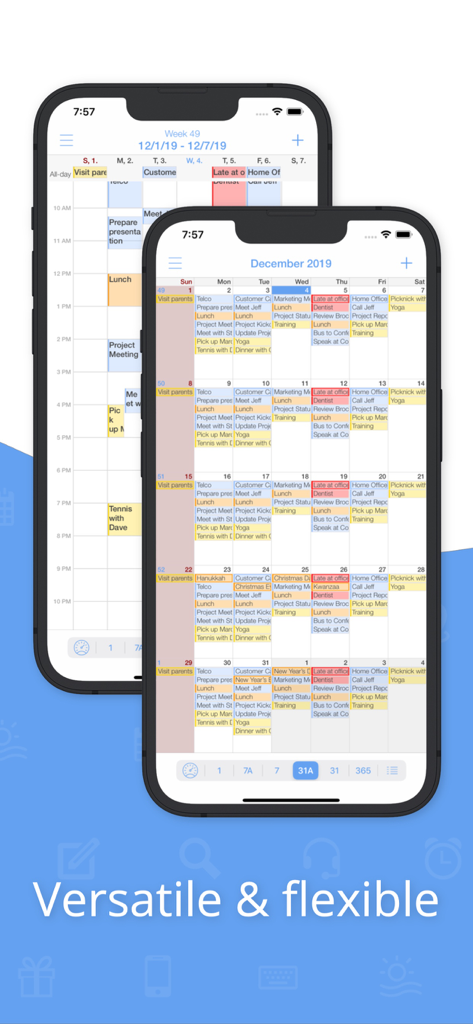 miCal - The missing Calendar - App calendario miCal che mostra visualizzazioni settimanali e mensili del calendario codificate a colori su due iPhone
