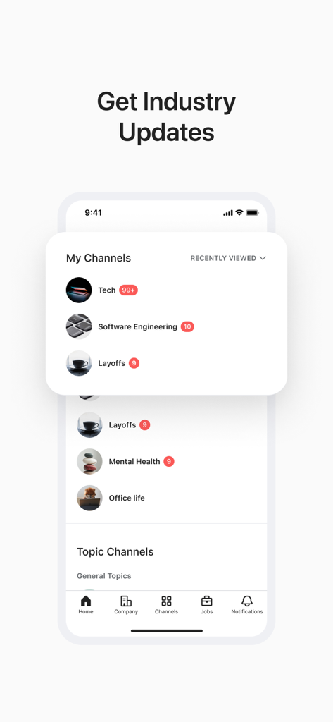 Blind - Professional Community - Interface of the Blind app showing a list of professional channels including Tech Software Engineering and Layoffs