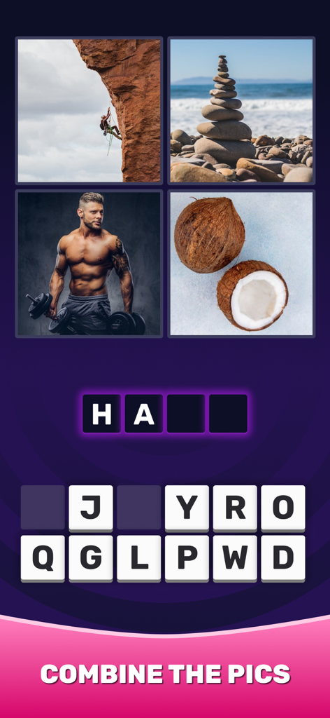 4 Pics 1 Word：Guess The Word - Un'interfaccia di gioco di parole con quattro immagini e una griglia di lettere per risolvere l'indovinello