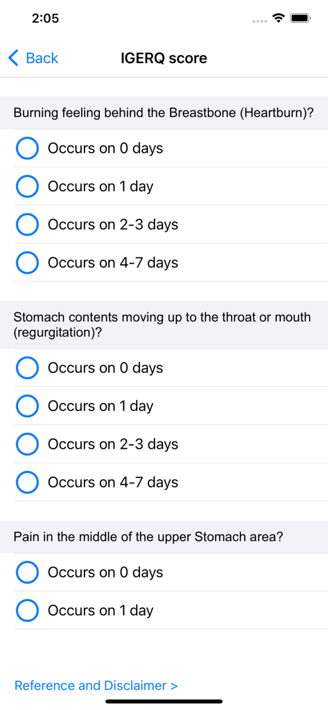 Interfaz de la calculadora de puntuación IGERQ que muestra preguntas de evaluación de síntomas para pacientes pediátricos.