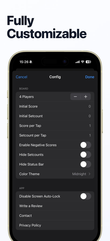 Scoreboard: Score Any Game - Scoreboard app configuration screen showing customizable settings for players and scoring rules