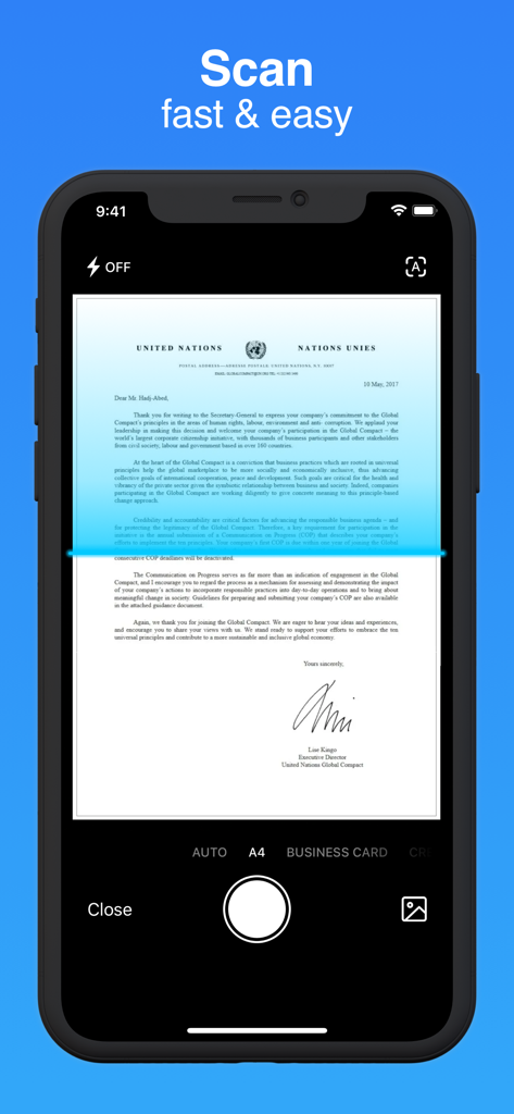 Document Scanner · Scan to PDF - A4文書をPDFにスキャンするプロセスを示すモバイルアプリのインターフェイス。