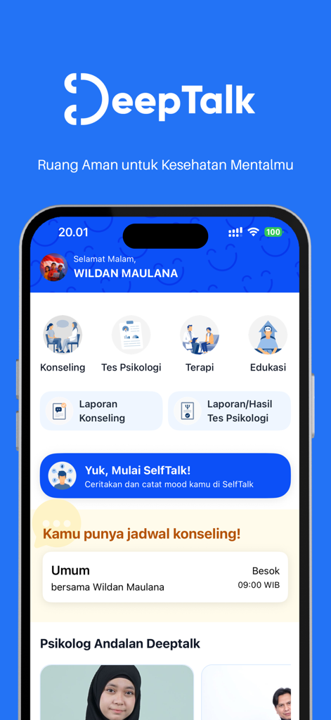 DeepTalk - Mental Health App - Tela inicial do aplicativo de saúde mental DeepTalk mostrando recursos de aconselhamento e testes psicológicos