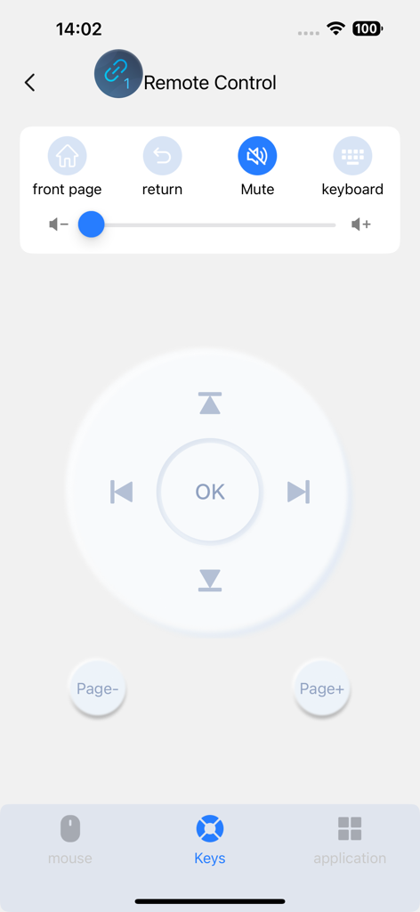 KShare - Interface de télécommande numérique dans l'application KShare comprenant un pavé directionnel, un contrôle du volume et des boutons de navigation rapide pour une Smart TV.