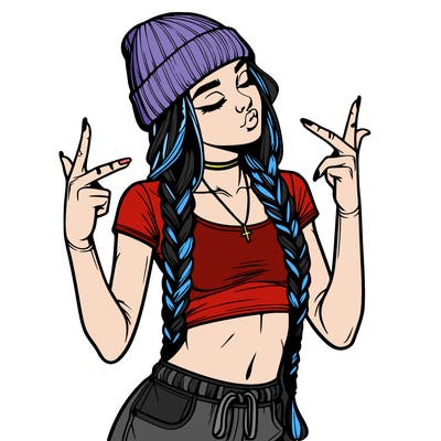 realistic teenage girl with braids and a beanie and crop top doing 🫶🏼