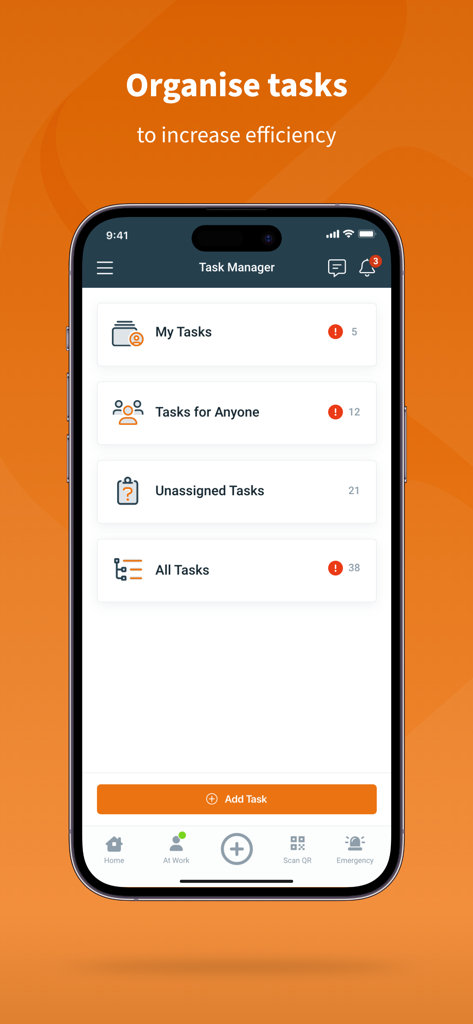Safe Ag Systems™ - Schermata del Task Manager dell'app mobile Safe Ag Systems che mostra le categorie per organizzare le attività agricole.