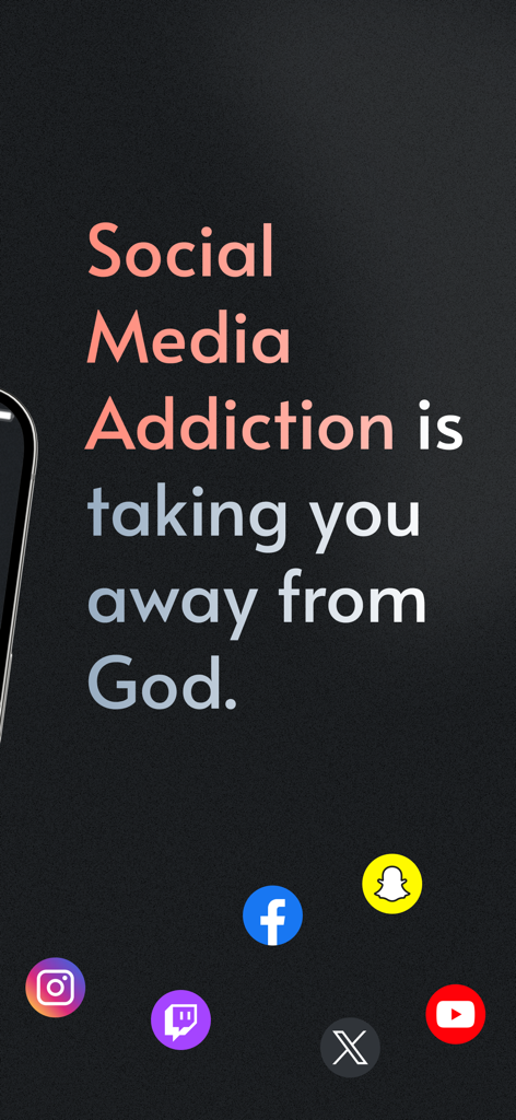 Pray Screen Time - Bible Focus - ソーシャルメディア中毒があなたを神から遠ざけているというテキスト。下に一般的なソーシャルメディアアイコンが表示されています。