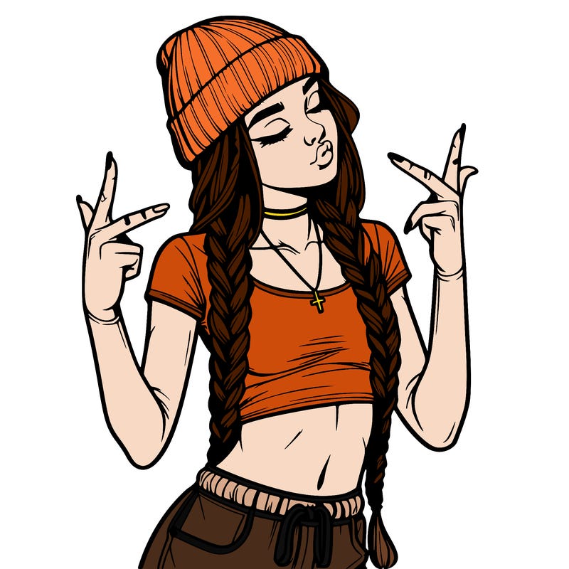 realistic teenage girl with braids and a beanie and crop top doing 🫶🏼
