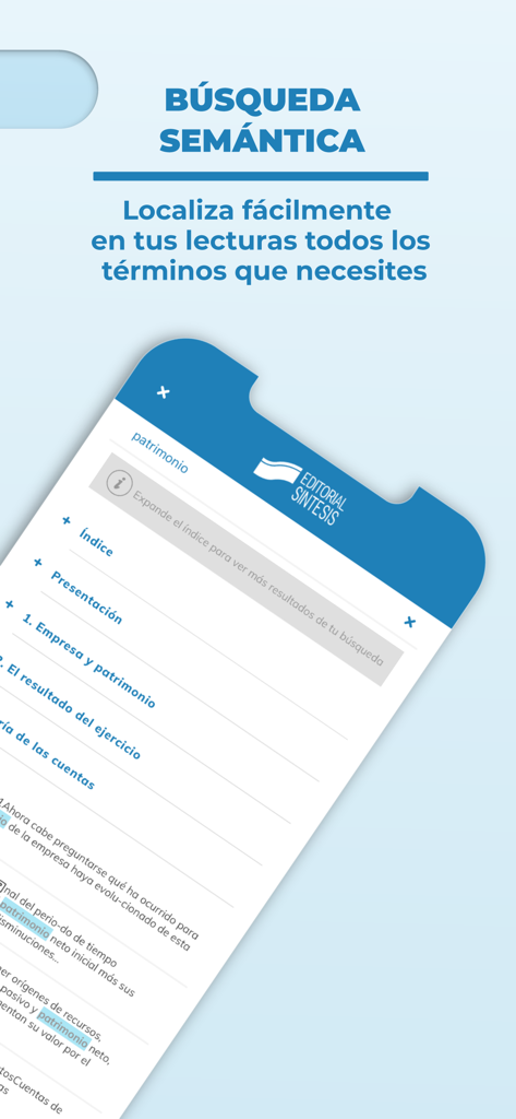 Editorial Síntesis - Interfaz de búsqueda semántica en la aplicación Editorial Síntesis mostrando resultados de búsqueda resaltados dentro de un libro de texto técnico.