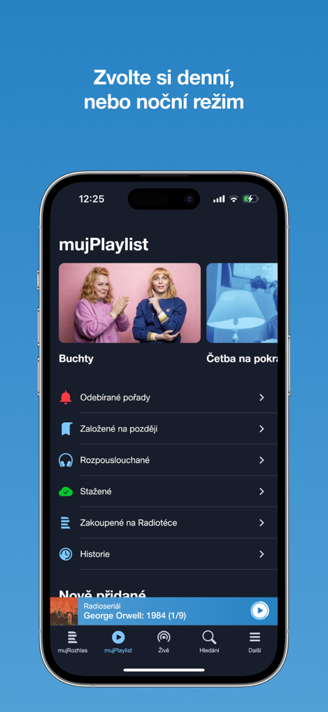The mujRozhlas mobile app interface in dark mode showing a personal playlist and menu options