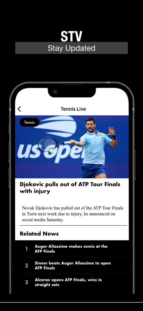 Tennis Live TV Streaming - 테니스 라이브 앱 화면에서 테니스 뉴스 및 ATP 투어 업데이트를 보여줍니다.