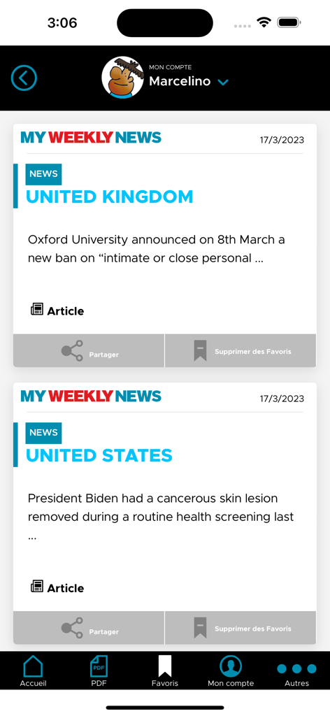 My Weekly News - The favorites screen of the My Weekly News app showing saved news articles about the United Kingdom and United States.