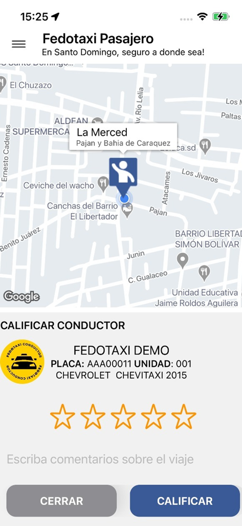 Interfaz de la aplicación Fedotaxi que muestra la pantalla de calificación del conductor con mapa y estrellas