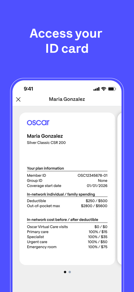 Tela do aplicativo móvel Oscar Health exibindo uma carteirinha de seguro digital com informações do plano
