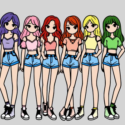 a group of girls wearing crop tops and shorts