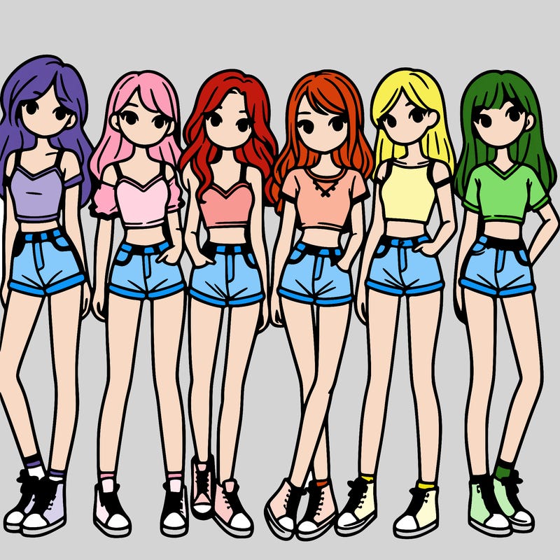 a group of girls wearing crop tops and shorts