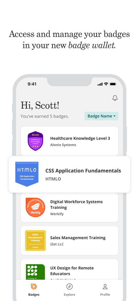 Captura de tela do aplicativo Credly mostrando uma coleção de credenciais digitais profissionais obtidas em uma carteira de credenciais.