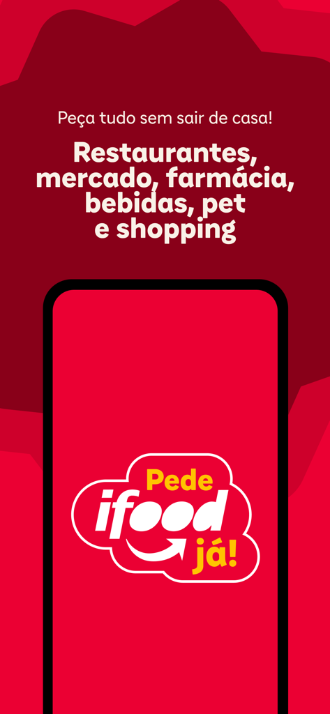 Bildschirm eines Mobiltelefons mit dem iFood-Logo und einer Liste von Lieferservices, darunter Restaurants, Lebensmittel und Apotheken in portugiesischer Sprache.