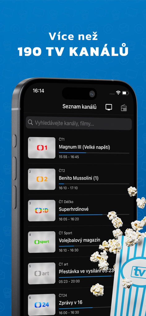 SledovaniTV - SledovaniTV app interface on a smartphone showing a list of Czech television channels and currently airing programs
