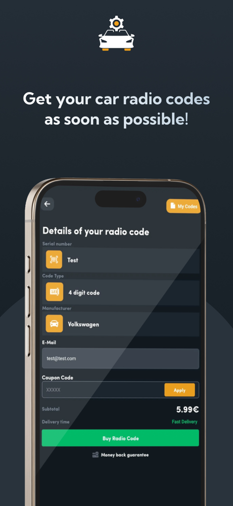 Car Radio Codes - Interface of the Car Radio Codes app showing purchase details for a Volkswagen radio unlock code