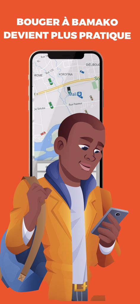 Woyo I Bora I Sera - Illustration d'un homme utilisant l'application de VTC Woyo sur une carte de Bamako, Mali.