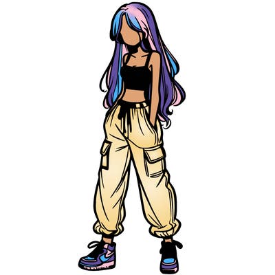 girl in baggy pants crop top and long hair