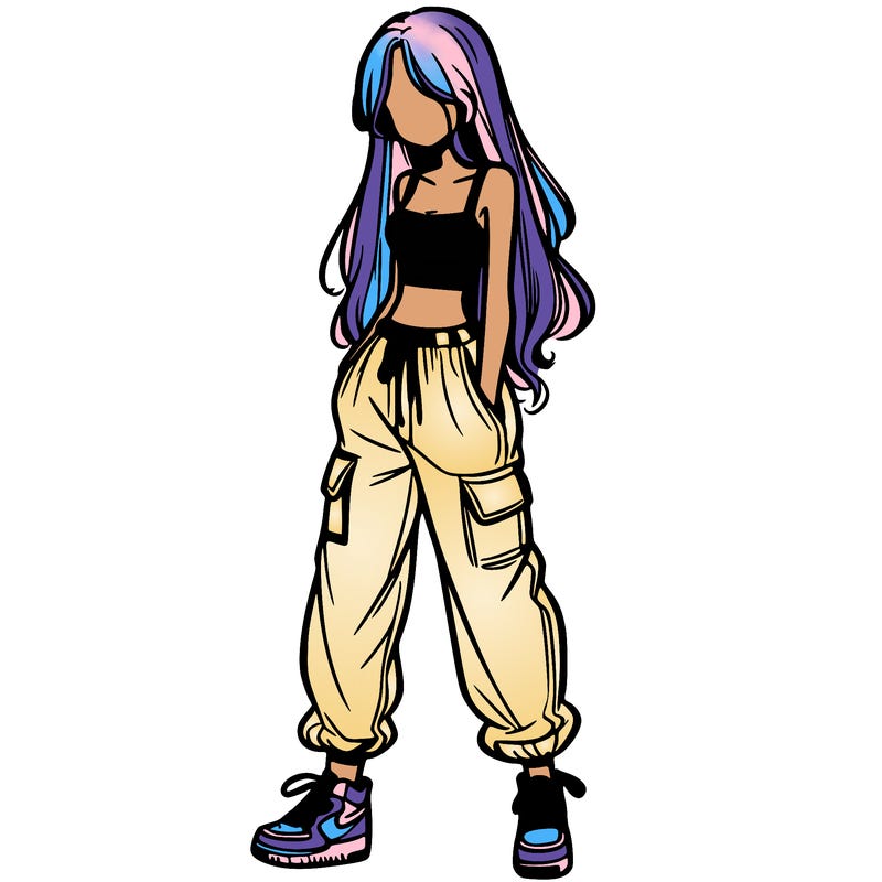 girl in baggy pants crop top and long hair