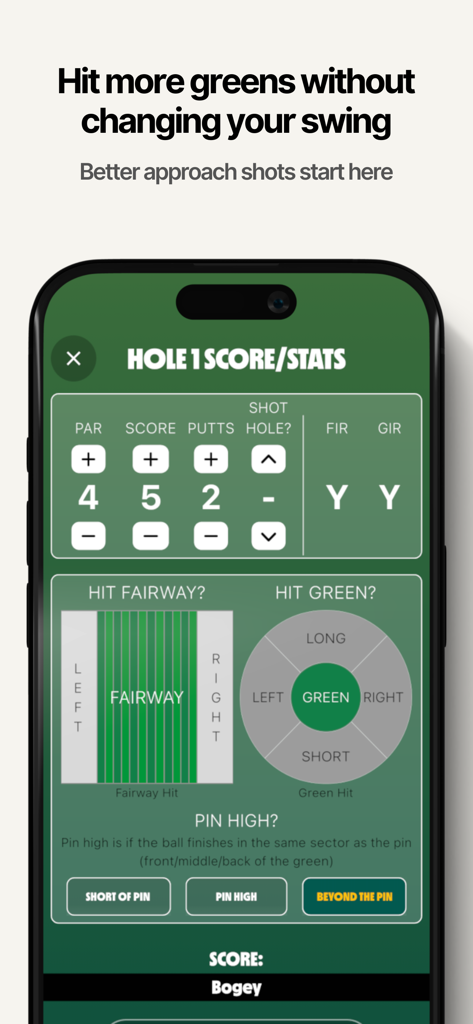 Paddy the Caddie Golf Yardages - Screenshot of the Paddy the Caddie app showing hole score and statistics tracking for golfers
