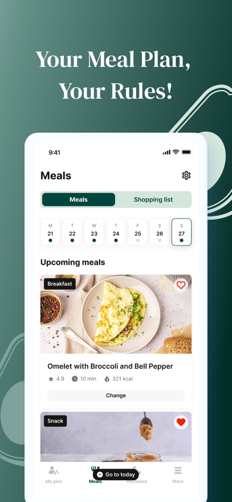 NoCarbsChallenge - Pantalla de la aplicación NoCarbsChallenge que muestra un plan de comidas personalizado bajo en carbohidratos con una receta de tortilla de brócoli.