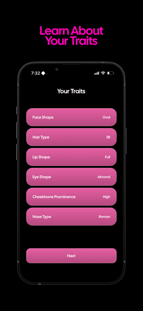 Gleam AI - Glow Up App - Schermata dello smartphone dell'app Gleam AI che visualizza un'analisi dei tratti del viso dell'utente, inclusi forma del viso, tipo di capelli e forma degli occhi.