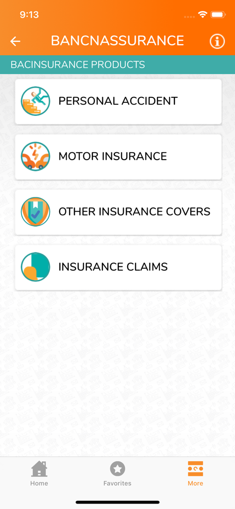 Credit Bank CB Konnect - Bancassurance screen in the CB Konnect app displaying options for Personal Accident, Motor Insurance, Other Insurance Covers, and Insurance Claims.