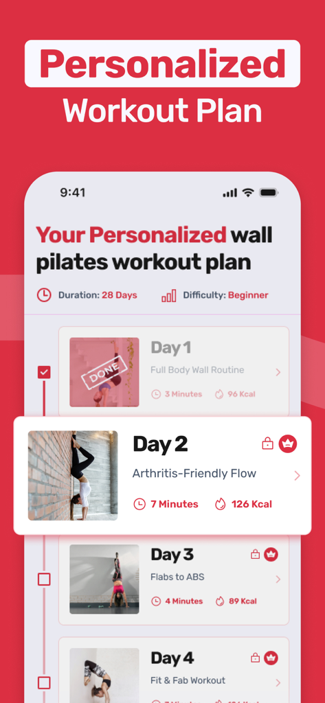 Wall Pilates: 28 Day Challenge - Personalized 28-day wall pilates workout plan interface showing daily exercises for beginners