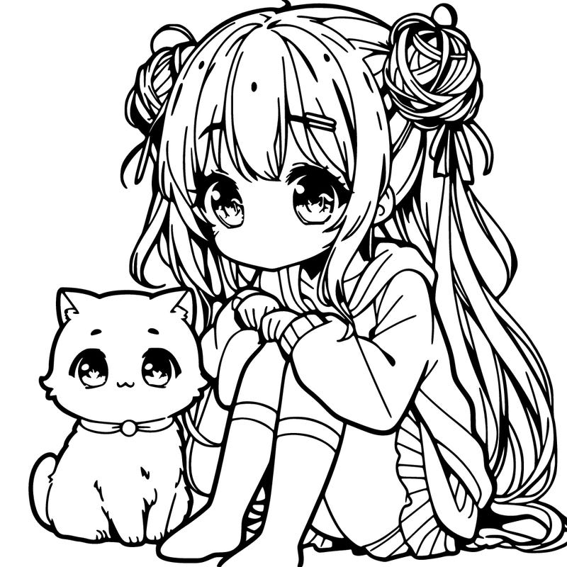 anime cute girl with her pet