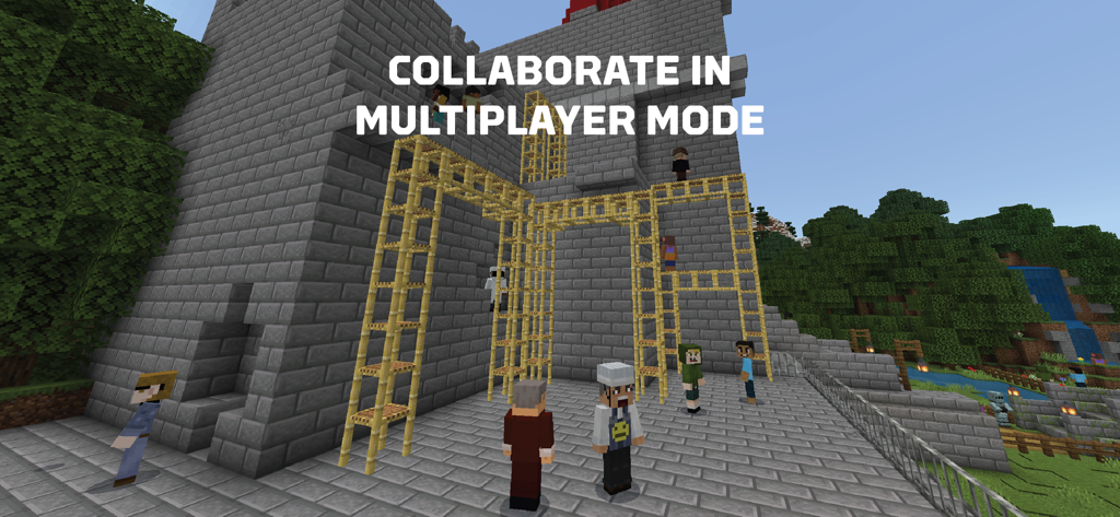 Minecraft Education - マインクラフトのキャラクターたちがマルチプレイヤーモードで一緒に建築しており、テキストには「マルチプレイヤーモードで協力する」と表示されています。