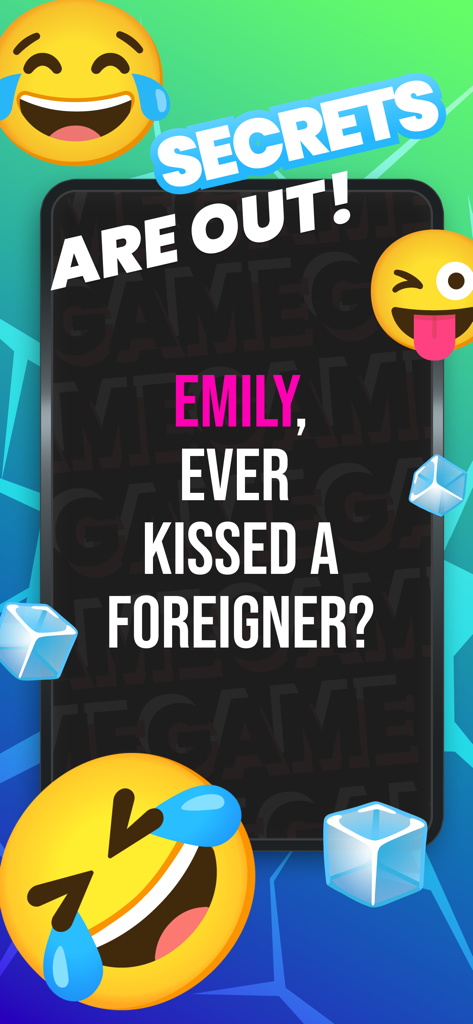 Party Game - Melo - A screenshot of the Melo party game app displaying a daring truth question prompt with laughing emojis and ice cubes.
