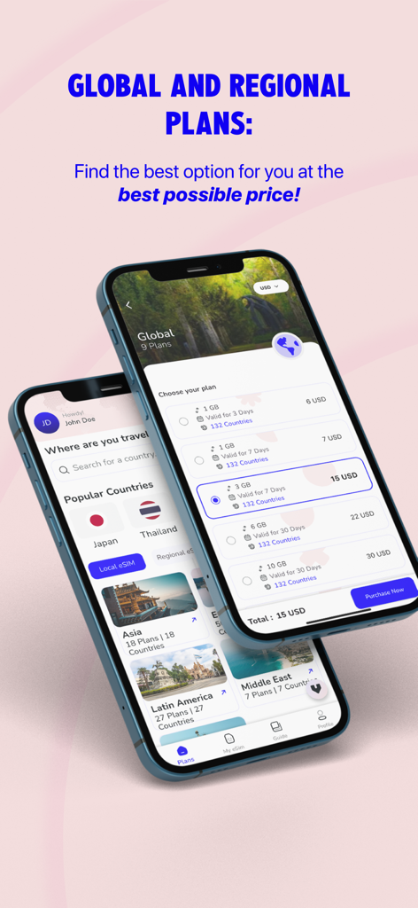 Voye Global eSIM app interface displaying international data plans for travel across global and regional destinations