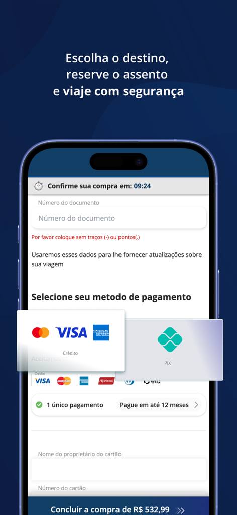 Satelite Norte - Payment screen of the Satelite Norte bus booking app showing credit card and PIX options