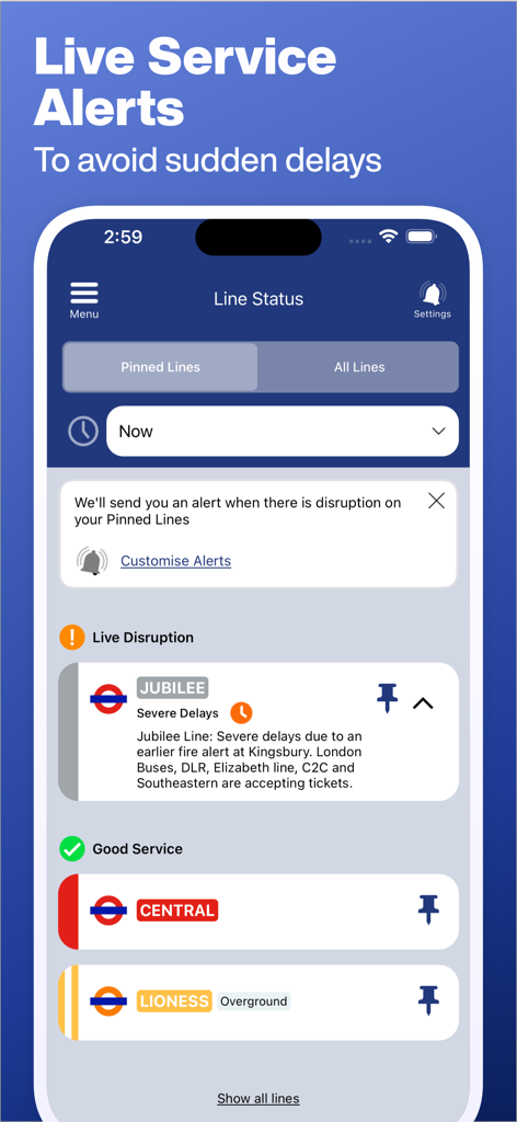 Tube Map Pro app screen showing live service alerts and London Underground line status updates.
