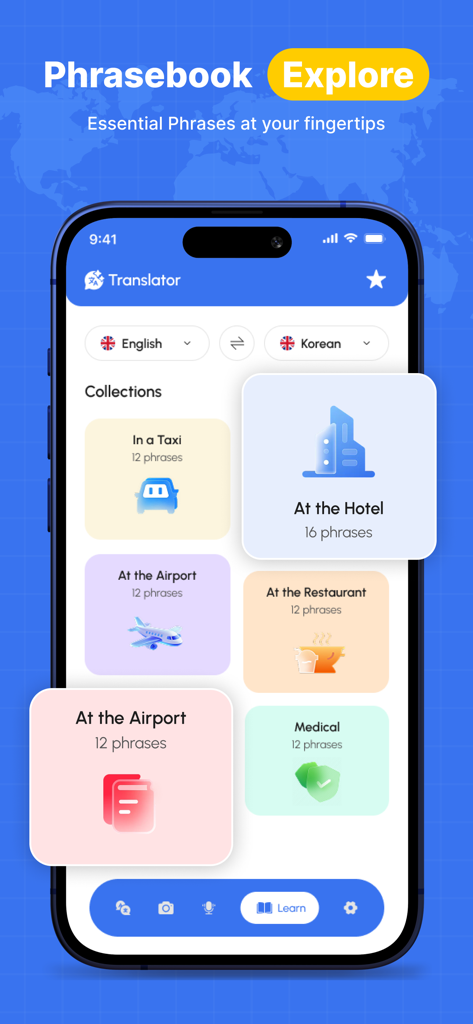 AI Translator: Travel Lens - Screenshot of the AI Translator app phrasebook showing categorized travel phrases for hotels restaurants and airports