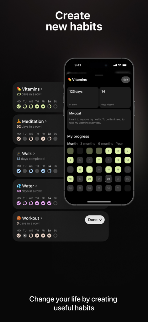 Feel Up: Mood & Habit Tracker - Interfaz de la aplicación Feel Up para crear y rastrear hábitos diarios como vitaminas, meditación y ejercicio