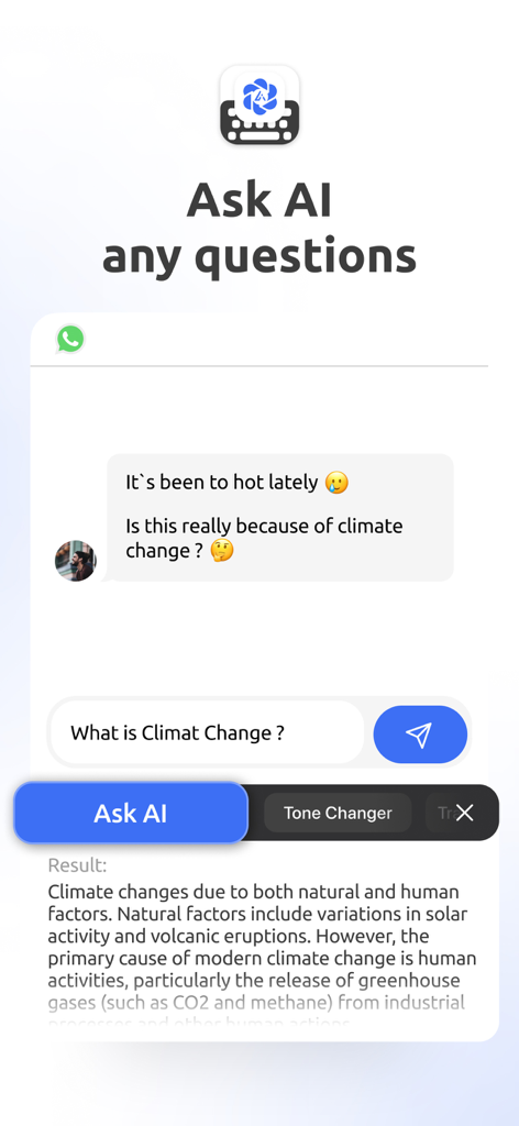 AI Keyboard Pro - Type & Write - Screenshot of AI Keyboard Pro showing the Ask AI feature in a mobile chat interface.