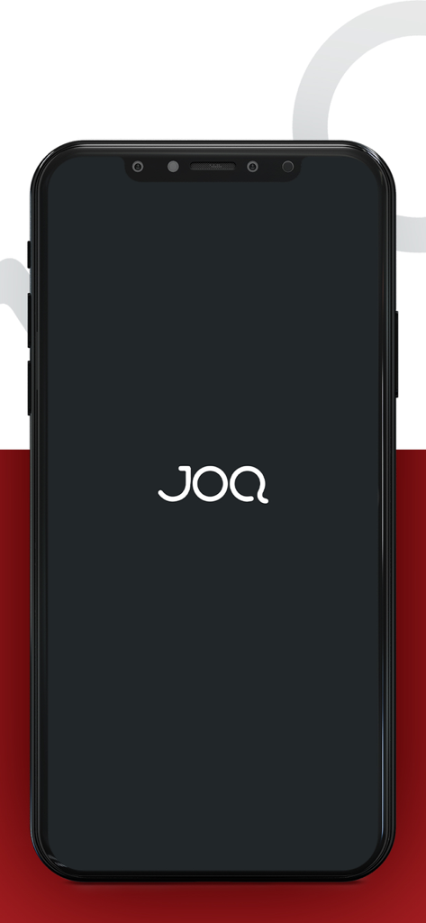Pantalla de presentación de la aplicación JOQ Albania mostrando el logo sobre un fondo negro dentro de un marco de smartphone