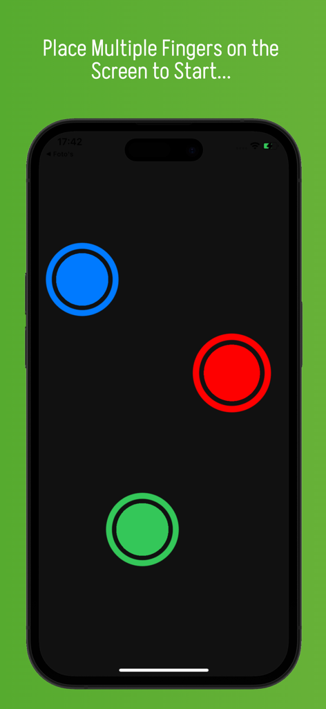 Buzz - Finger Chooser - Interface of the Buzz Finger Chooser app with blue red and green circles on a black screen