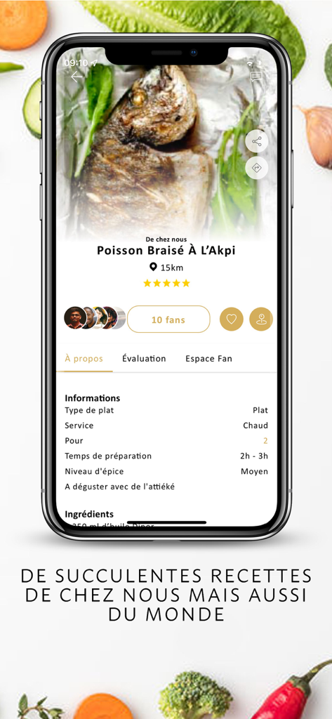 DINOR APP - DINOR APP interface displaying a braised fish recipe with preparation details and community fans