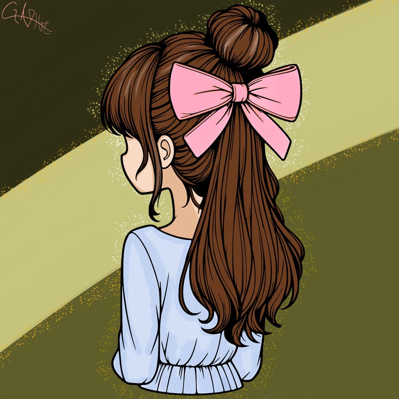 realistic girl  with hip length hair a bun and a big bow on the back of head