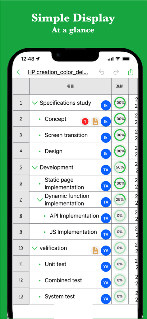 iGanttChart: Gantt Chart App - Mobile app interface showing a project task list with progress percentages and assignee icons