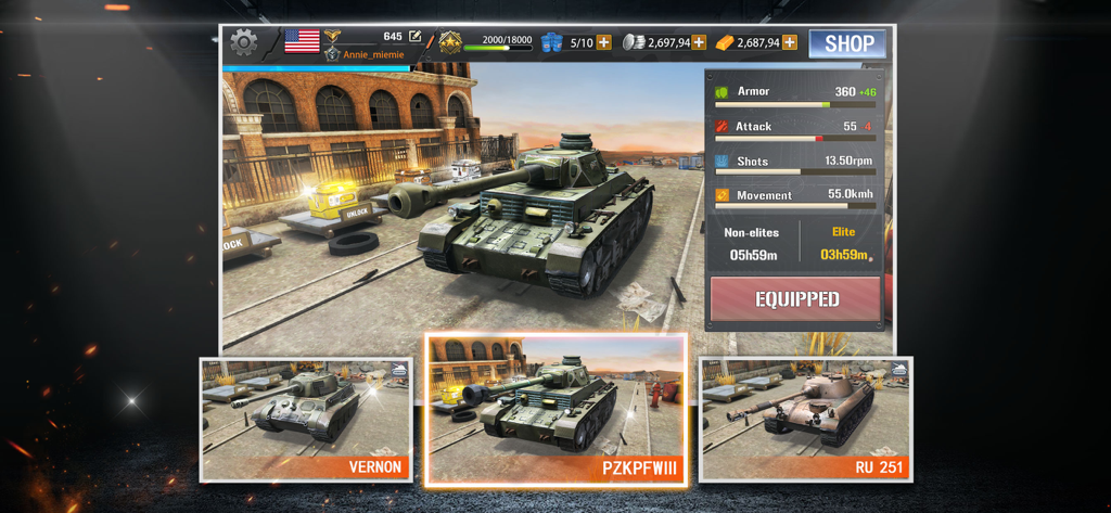 Furious Tank: War of Worlds - Furious Tank War of Worlds customization screen showing various tank models and performance stats