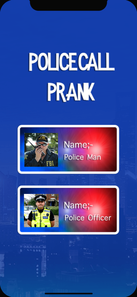 Interface of the fake police call app showing choices between different officer profiles