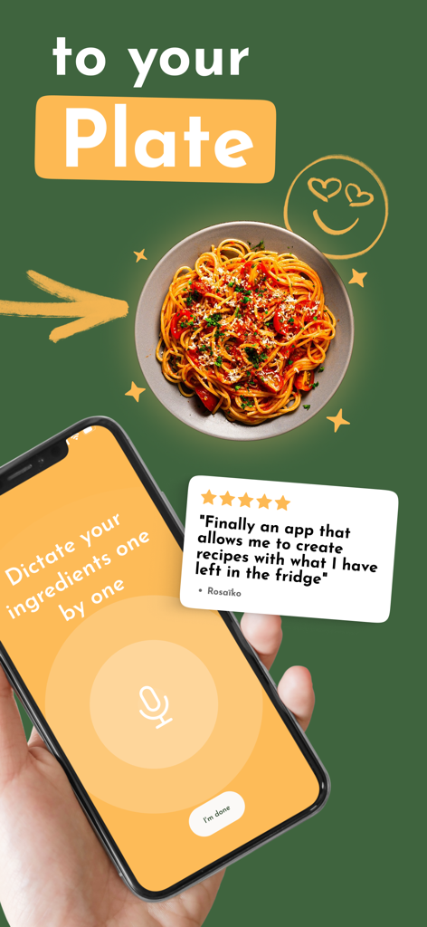 Recipe Maker & Saver - Crumb - Interface de l'application Crumb montrant la saisie vocale des ingrédients et un avis utilisateur cinq étoiles.