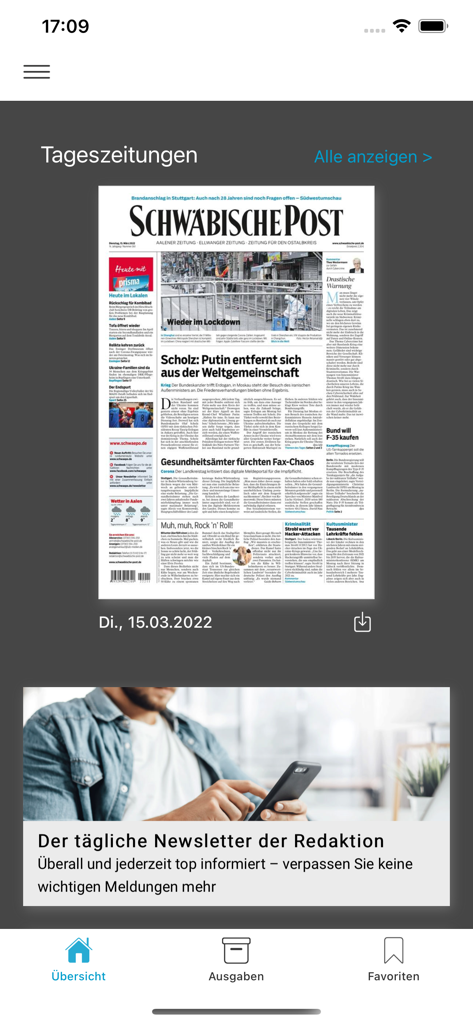 Schermo principale dell'app Schwaepo e Tagespost che mostra la copertina di un giornale digitale e la navigazione delle notizie